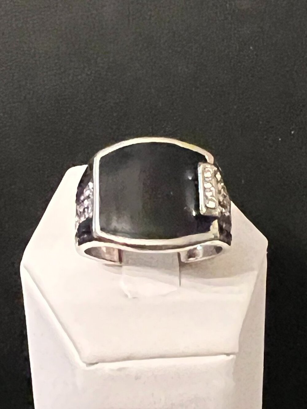Silvertone Black Enamel & Rhinestones Ring Size 11.5, 12.5 (418)